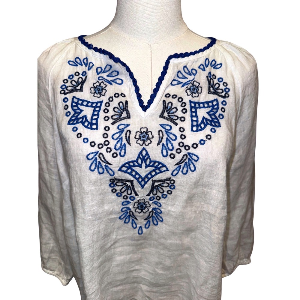 Charter Club Luxury White Linen Embroidered V-Neck Tunic Top Blue Medium